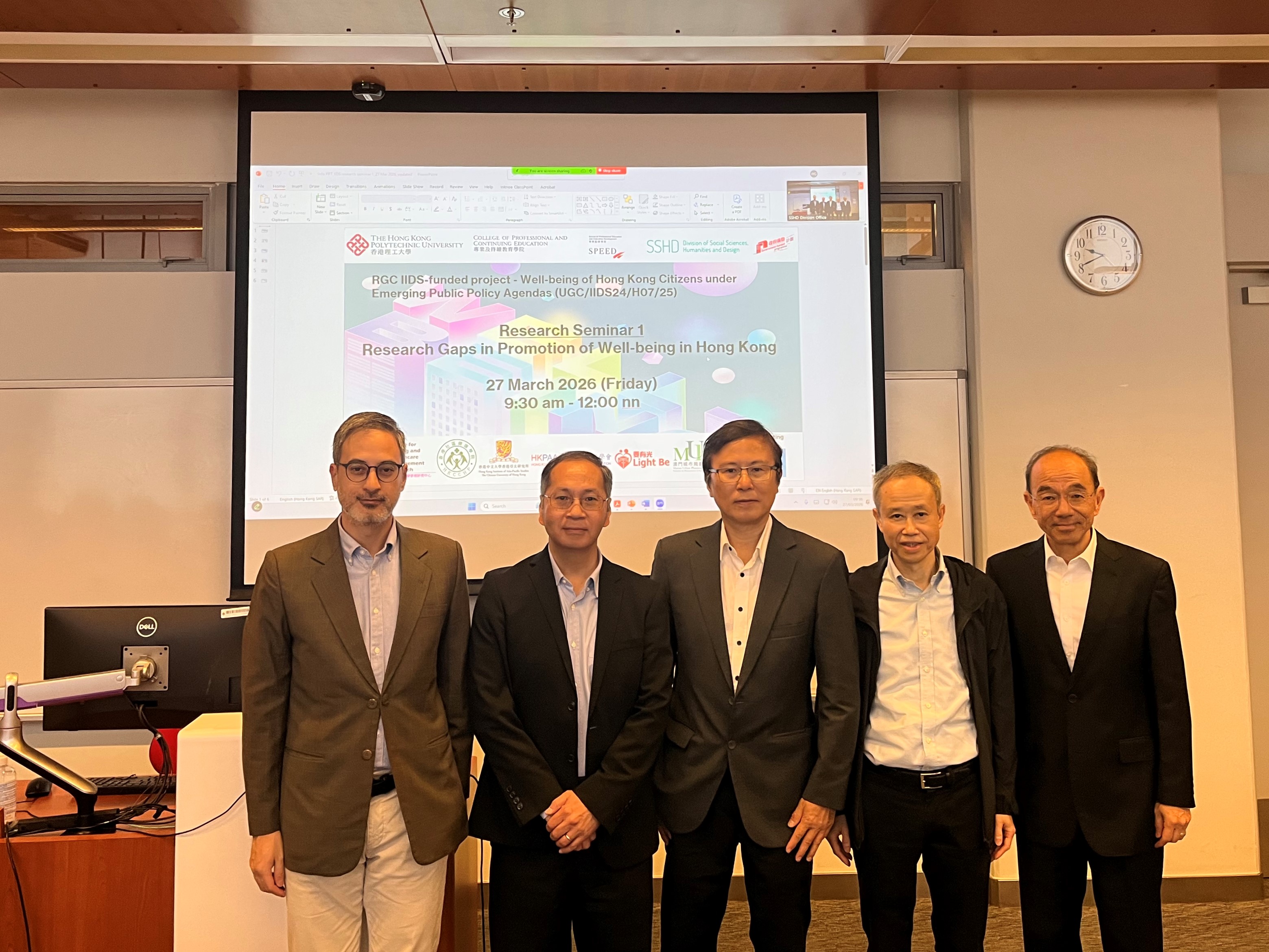 A group picture featuring (from right to left) PI Prof Roger Chan, Speaker Prof Carlos Lo, Speaker Mr Lawrence Chau, Co-PI Dr Vincent Law, and Co-I Dr David KANSAKAR